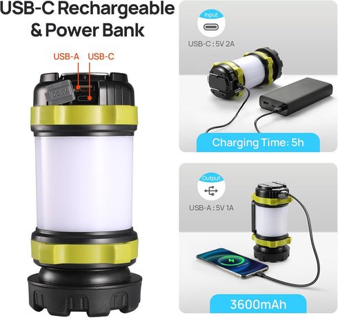 2 Pack 6 3600mAh IPX4 LED Camping Lantern Flashlight Rechargeable, Consciot Portable Torch with Light Modes, Power