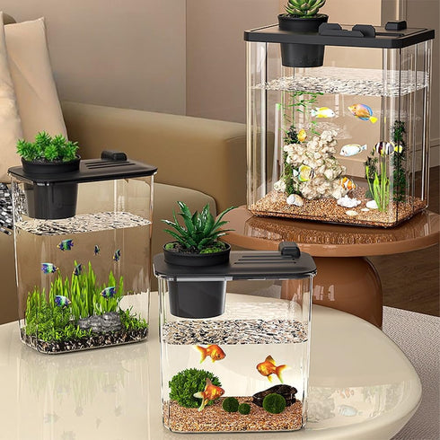 Quaziret Fish Tank Aquarium Starter Kit, Mini Desktop Rectangular Fish Tank with Pump, LED, Simulated Water Plants