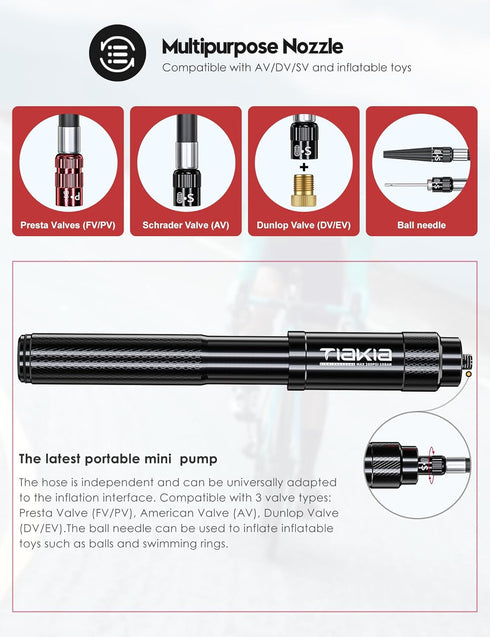 Tiakia Mini Bike Pump, Portable Compact Bicycle Pump, High Pressure Frame Pump 260PSI for Presta, Schrader & Woods