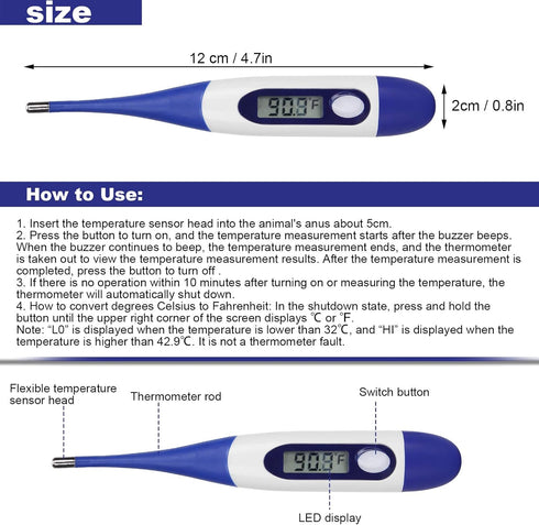 Livestock Pet Thermometer with LED Display Memory Function,Fast Digital Veterinary Thermometer,Flexible Probe