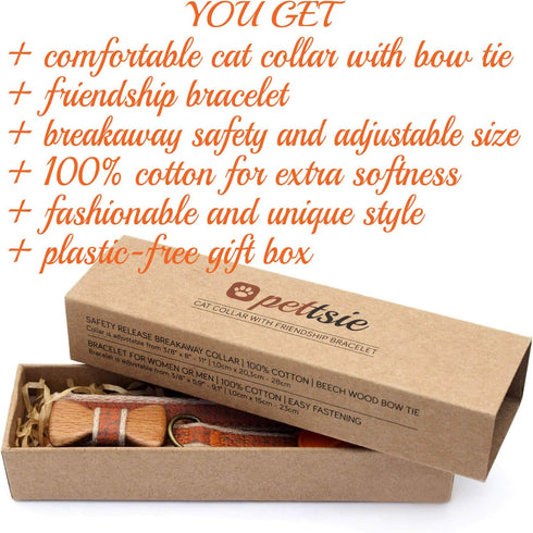 Pettsie Breakaway Cat Collar with Bow Tie and Matching Bracelet, Adjustable Cotton Kitten Collar, 8-11 Inches, Orange