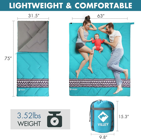 VILLEY Camping Sleeping Bag, Lightweight Backpacking with Compression Sack for Adults & Kids, Outdoor Equipment for 3