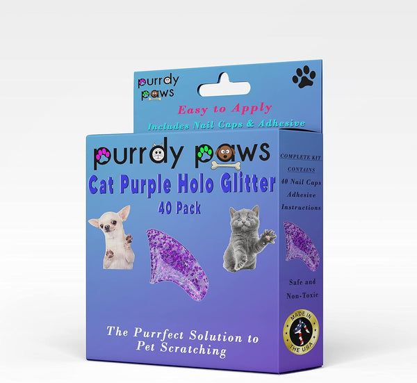 40 Pack Soft Nail Caps for Cat Claws, Purple Holographic Glitter, Small Size