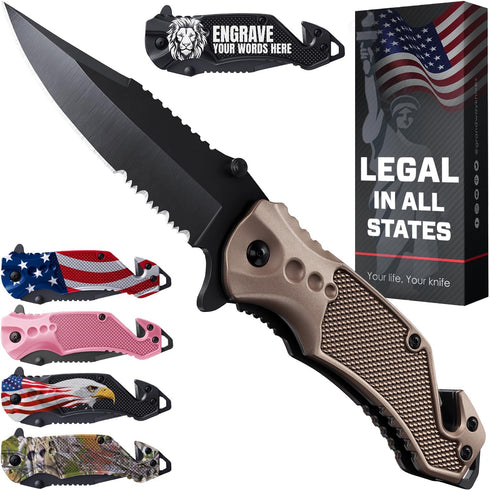 Legal Pocket Knife - Coyote Tan 2.95” Sharp Serrated Edge Blade, Multi Tool Knife with Seatbelt Cutter & Glass Breaker