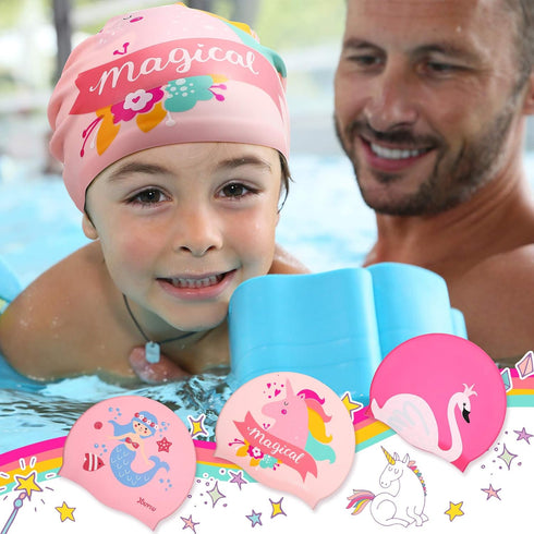 Syhood 3 Pcs Kids Swim Caps, Baby Waterproof Bathing Caps for Long Short Hair Boys Girls