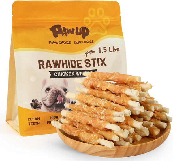 PAWUP Dog Treats, Chicken Wrapped Rawhide Sticks, Long Lasting Rawhide Chews for