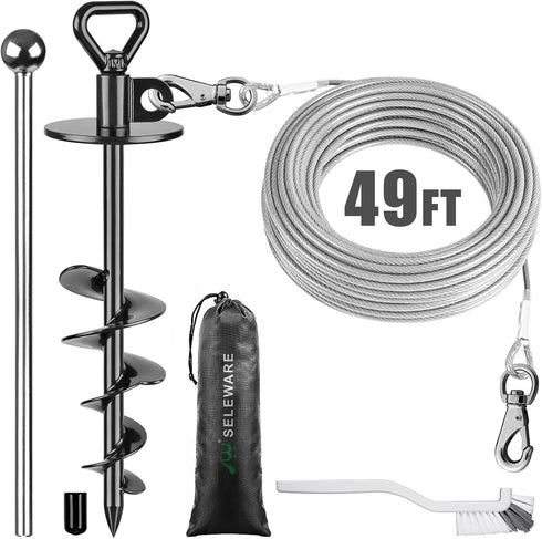 SELEWARE 49 ft Dog Tie Out Cable and Stake - Anti-Rust Dog Anchor for Large Dogs up to 220 lbs