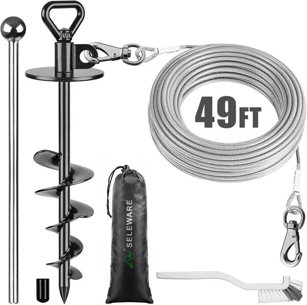 SELEWARE 49 ft Dog Tie Out Cable and Stake - Anti-Rust Dog Anchor for Large Dogs up to 220 lbs