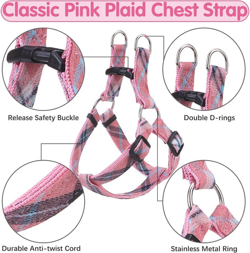 BINGPET Adjustable No Pull Dog Harness Collar Leash Set, Classic Plaid for Small Medium Large Dogs (Pink, M)