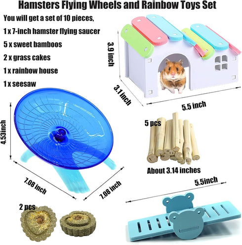 Hamiledyi Hamsters Flying Saucer Silent Running Exercise Wheels 10 Pcs Wooden Rainbow Gerbil House with Seesaw Small Animal Chew Toys for Teeth Care Molar Grass Cake Sweet Bamboo Snacks for Dwarf Mice