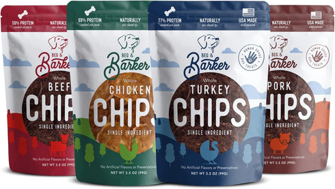 Beg & Barker Jerky Chips for Dogs Variety (3.5oz, Pack of 4) - Single Ingredient Protein Human Grade Treats Made in USA