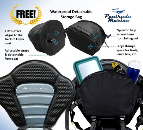 Pactrade Marine Adjustable Straps Black Gray Padded Deluxe Kayak Seat with Detachable Storage Backpack Bag for Canoeing