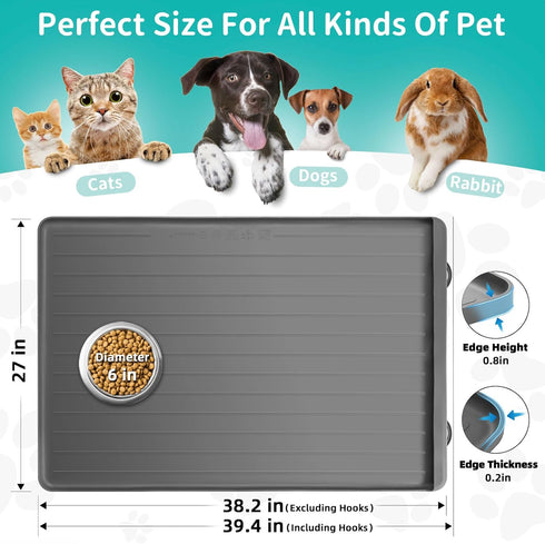 Large Dog Mat for Food and Water - 39.4" x 27" Waterproof Pet Feeding Mats with Residue Collection Pocket (Light Grey)
