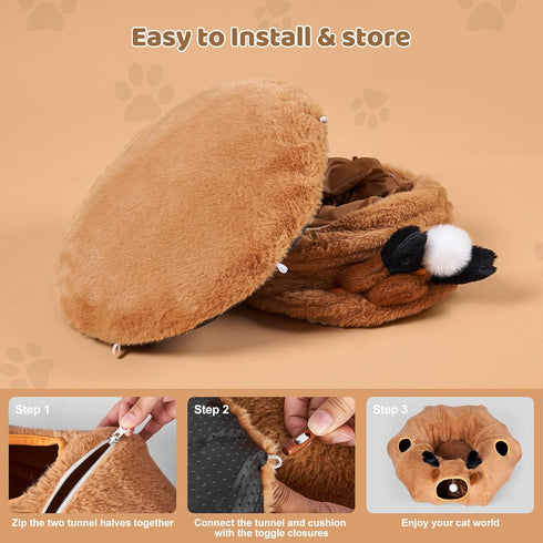 20 3-in-1 Cat Tunnel Bed with Pcs Interactive Toys, DIY Collapsible Plush Cat Tube with Washable Mat, Large Indoor Play