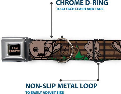 Buckle-Down Kawaii Groot Dog Collar - 2-Poses/Guardians Badge Browns/Green, 1.5" Wide, Fits 18-32" Neck, Large