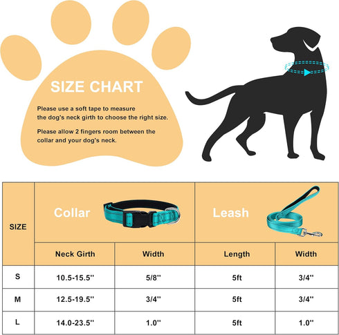 Durable Reflective Dog Collar and Leash Set, Soft Neoprene Padded Collar with 5ft Strong Leash for Medium Large Dogs