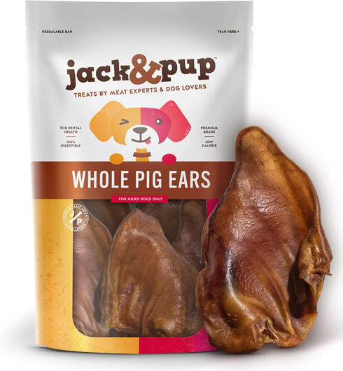Jack&Pup Extra Thick Whole Pig Ears for Dogs - Premium Natural Pork Chews, 10 Pack, Excellent Rawhide Alternative