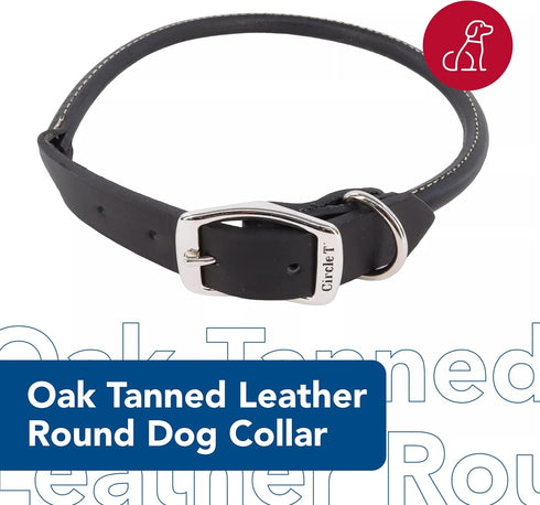 Coastal Pet Circle T Oak Tanned Leather Round Dog Collar, Black, 1" x 18", Comfortable for Long Hair Dogs