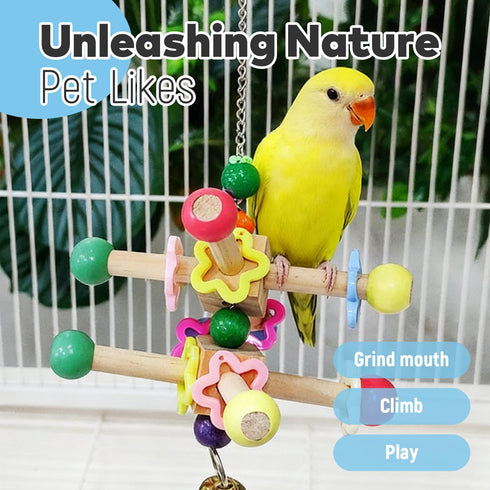 FALESHOS 2 Pcs Parakeet Toys, Natural Wood Spinner with Bells, Hanging Cage Accessories for Small Moderate Birds