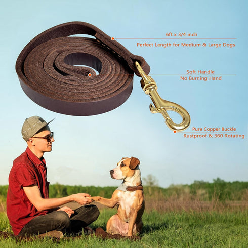 Guiding Star Leather Dog Leash 6ft, Dog Leashes for Large Dogs Heavy Duty, Soft Handmade Leather Training Leash for Large & Medium Dogs (6ftx3/4inch, Brown)