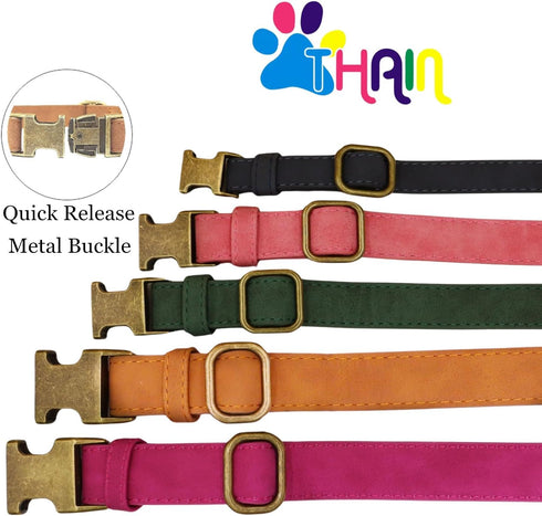 THAIN Soft Leather Dog Collar, Heavy Duty Padded Quick Release Adjustable Collar for Small Medium Dogs (M, Pink)