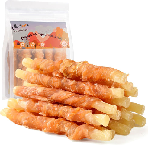 ASMPET Dog Treats Chews, Chicken Wrapped Cod Sticks, Rawhide Free & Grain