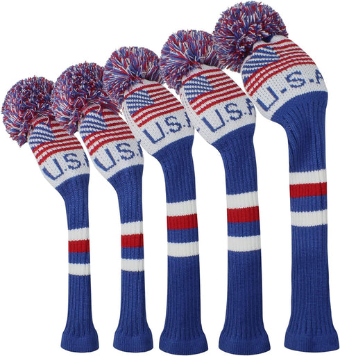 Scott Edward Knit Golf Club Cover Set of 5 with Pom, USA Flag, Protect Driver Wood and Fairway Wood