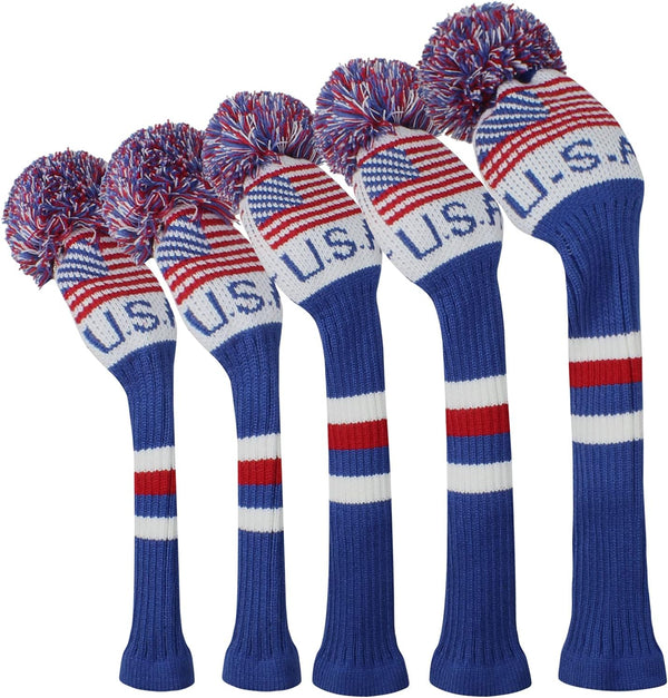 Scott Edward Knit Golf Club Cover Set of 5 with Pom, USA Flag, Protect Driver Wood and Fairway Wood