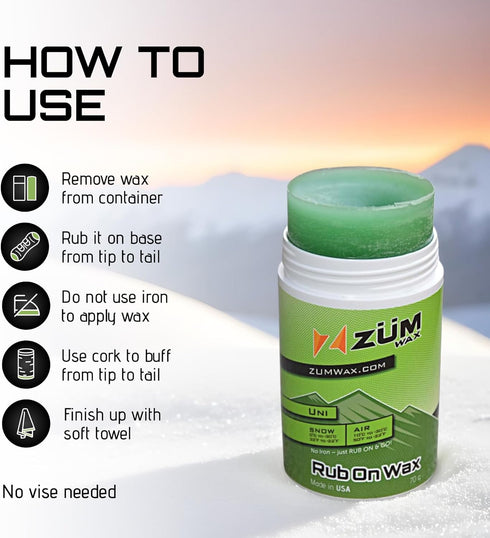 ZUMWax Rub-On Ski/Snowboard Wax, 70g, Any Temperature, Easy Cork Applicator, Made in USA