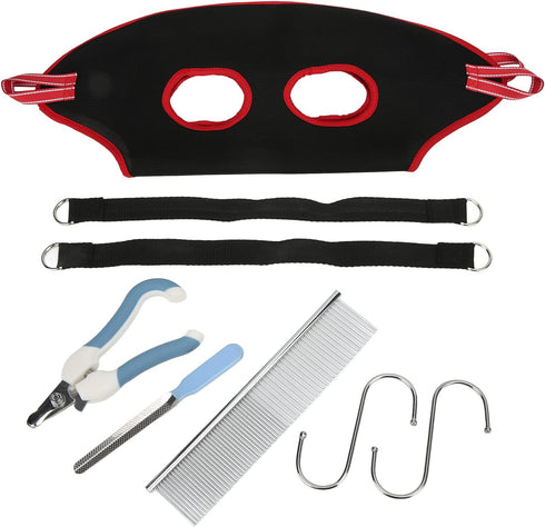 plplaaoo Dog Grooming Hammock, Breathable Thickened Pet Harness with Nail Clipper & Comb for Cats, Red