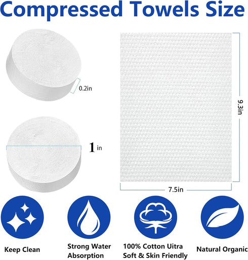 150 (8in8in) Compressed Cotton Coin Towels - PCS Disposable Face & Camping Towel Tablets for Outdoor Sports
