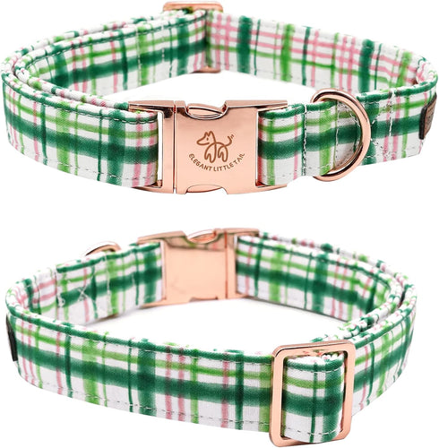 Elegant Little Tail Dog Collar with Bow - Pink with Green Plaid, Adjustable Cute Bowtie Pet Collar for X-Small Puppy