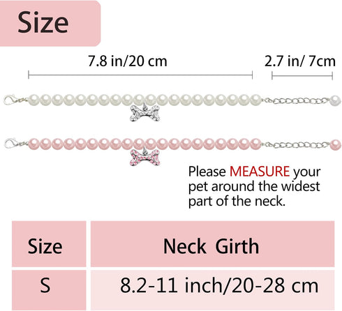 2 Pcs Dog Cat Pearl Collar Necklace with Rhinestone Bone, Fancy Cat Wedding Collar Jewelry for Girl Cat Puppy Dogs Accessories(Pink+White)