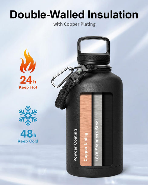 Trebo 64oz Half Gallon Water Bottle - Insulated Double Wall Stainless Steel Sports Flask with Paracord Handle, Black