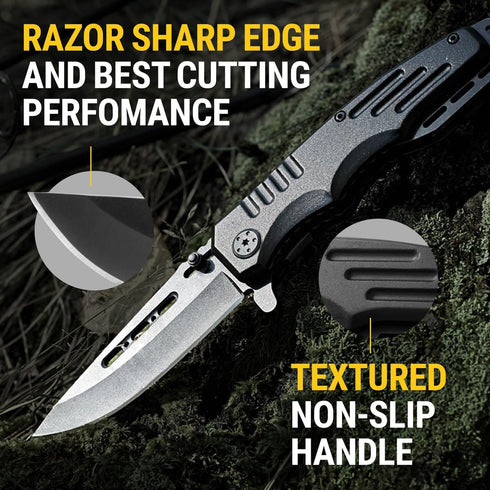 Safety Lock Pocket Knife, Spring Assisted 3.4-inch Sharp Blade, Folding Tactical Black Knife with Aluminum Handle,