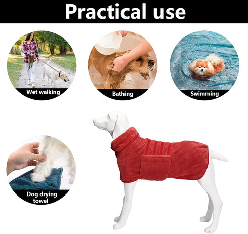 Geyecete Dog Bathrobe Towel Drying Coat - Fast Drying Super Absorbent Pet Bath Robe Towel - Pineapple Grid - Red (L)