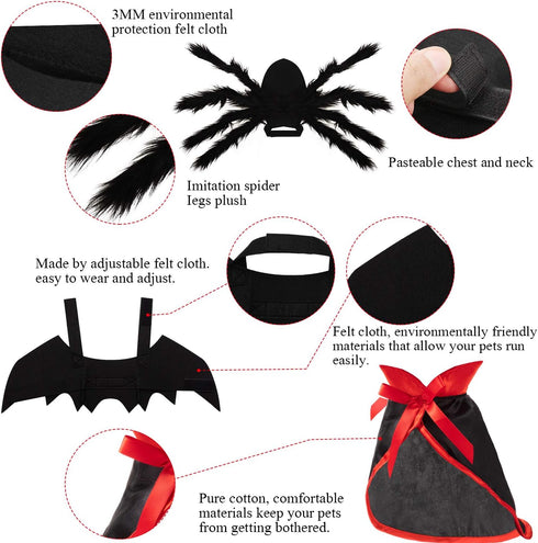 3 Piece Halloween Cat Dog Costume Set - Pet Bat Witch Vampire Cloak, Giant Imitation Spider for Dogs, Cats, Red, S
