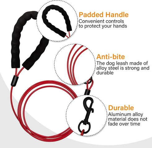 Heavy Duty Dog Leashes with Chew Proof and Comfortable Padded Handle 4/5/6 FT, Steel Metal Safety Lead Rope with Retractable Buckle for Large or Medium Dogs Walk and Train -Red(4FT)