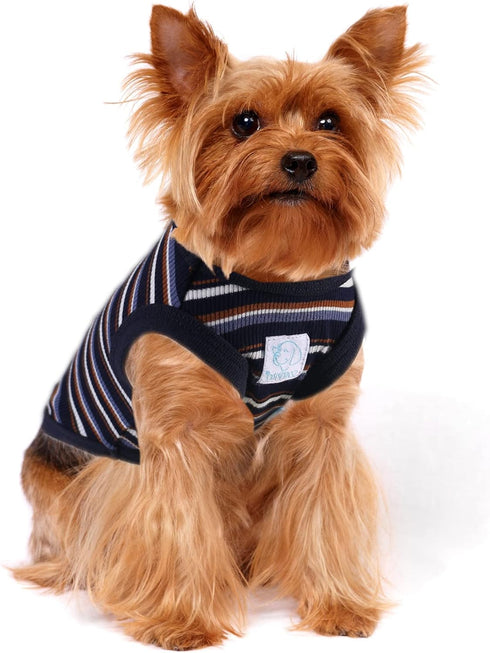 Striped Teacup Pet Dog T-Shirts, 100% Cotton Tank Vest for Small Dogs and Cats, Blue Black