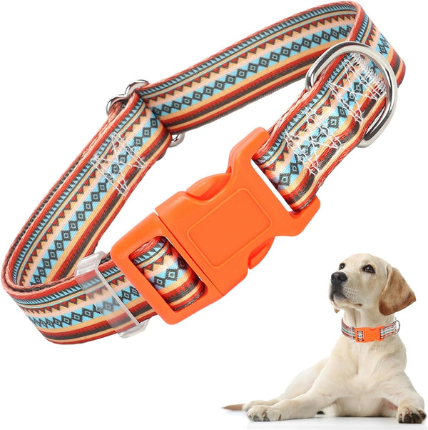 Orange Dog Collar for Large Dogs, Cute Tribal Ethnic Aztec Patterns, Adjustable Soft Collar for XS to XL Dogs
