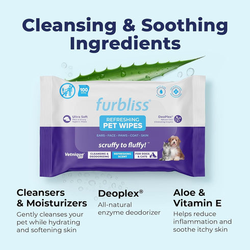 Vetnique Labs Furbliss Hypoallergenic Pet Wipes for Dogs & Cats, 100ct Pouch with All Natural Deoplex Deodorizer