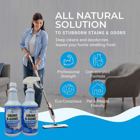 Urine B-Gone Professional Enzyme Odor Eliminator & Pet Stain Remover, 32oz Pack of Two, Effective on Laundry