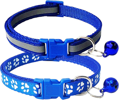 CHBORCHICEN 2-Pack Adjustable Footprint & Reflective Cat Collar with Bell, Basic Dog Cat Collar (X-Small, Blue)