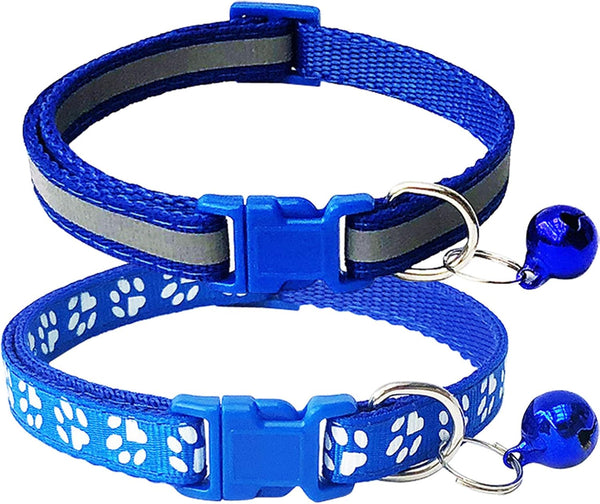 CHBORCHICEN 2-Pack Adjustable Footprint & Reflective Cat Collar with Bell, Basic Dog Cat Collar (X-Small, Blue)