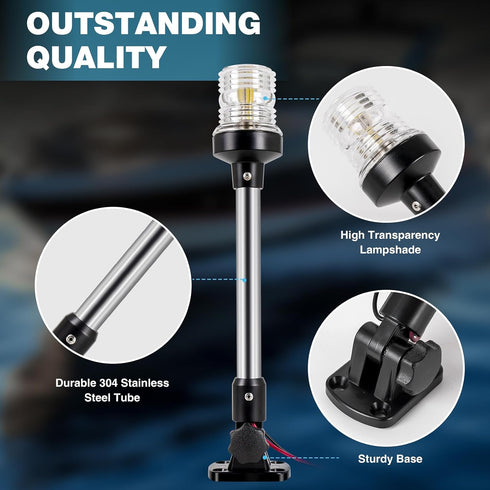 18 Inches IP67, (12-24V) Anchor Light Boat Stern Light Waterproof White Fold Down Marine Navigation Lights for Boats