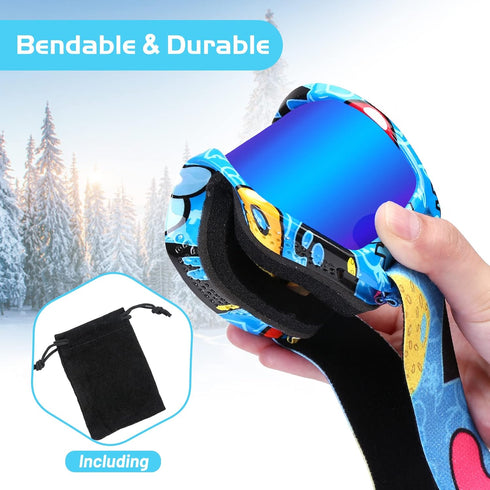 Kids Ski Goggles, OTG Anti-fog Snowboard Goggles for Boys & Girls Youth with Non-Slip Strap