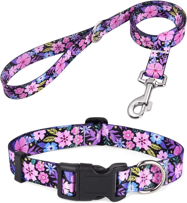 Dog Collar and Leash Set - Bohemia Floral Tribal Patterns, Soft Adjustable Collar for Small Medium Large Dogs