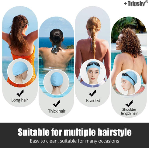 Tripsky Silicone Swim Cap - Comfortable Bathing Cap for Curly Short Medium Long Hair, Swimming Cap for Women and Men,