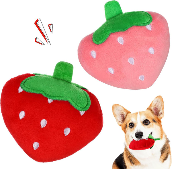 POPETPOP 2Pcs Dog Plush Squeaky Toys, Soft Strawberry Shape Interactive Puppy Chew Toy