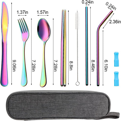 Travel Utensils Set with Case - Reusable Portable Cutlery Set, Stainless Steel 8pcs Including Knife, Fork, Spoon, Straws